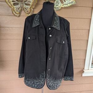 Quacker Factory BlacknStretch Denim Jacket with Bling Embellishments and Buttons